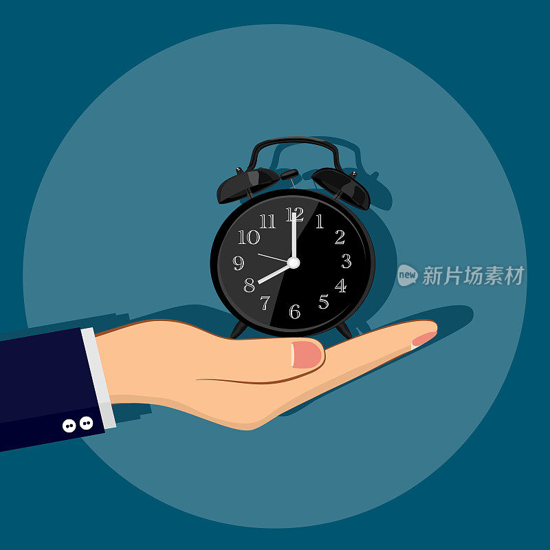 Hand holding black alarm clock showing on blue background. deadline symbol. Vector illustration eps